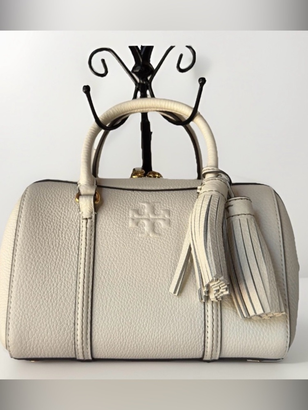 Tory Burch Ivory Pebbled Leather Satchel with Tassels Doctor bag crossbody NEW